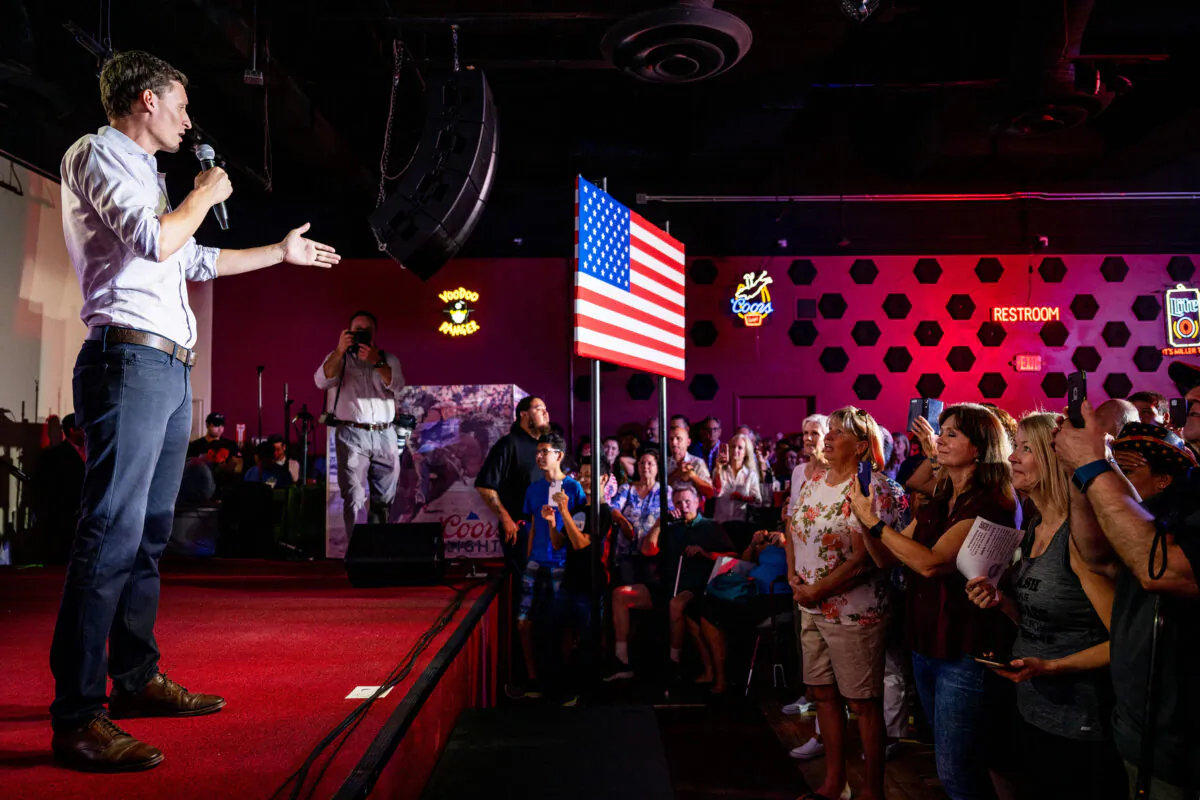Republican candidate for Senator Blake Masters speaks to supporters during a campaign event at the Whiskey Roads Restaurant & Bar in Tucson, Ariz., on July 31, 2022. (Brandon Bell/Getty Images)