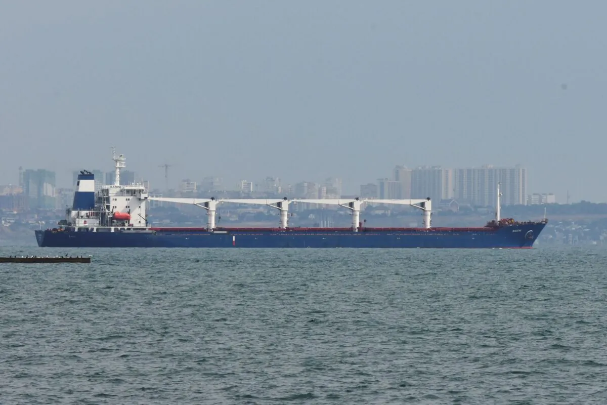 The bulk carrier Razoni starts its way from the port in Odesa, Ukraine, on Aug. 1, 2022. (Michael Shtekel/AP Photo)