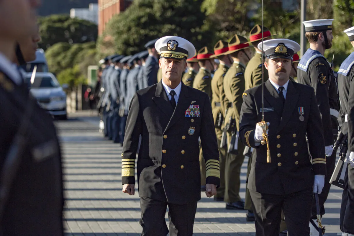 U.S. Admiral John C. Aquilino (L), commander of the U.S Indo-Pacific Command, is welcomed to New Zealand with a traditional Powhiri, Guard of Honour, and Last Post Ceremony, at Wellington, New Zealand, on Aug. 1, 2022. (U.S. Embassy & Consulate in New Zealand)