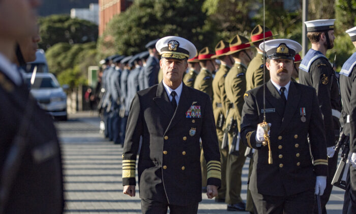 U.S. Admiral John C. Aquilino (L), commander of the U.S Indo-Pacific Command, is welcomed to New Zealand with a traditional Powhiri, Guard of Honour, and Last Post Ceremony, at Wellington, New Zealand, on Aug. 1, 2022. (U.S. Embassy & Consulate in New Zealand)