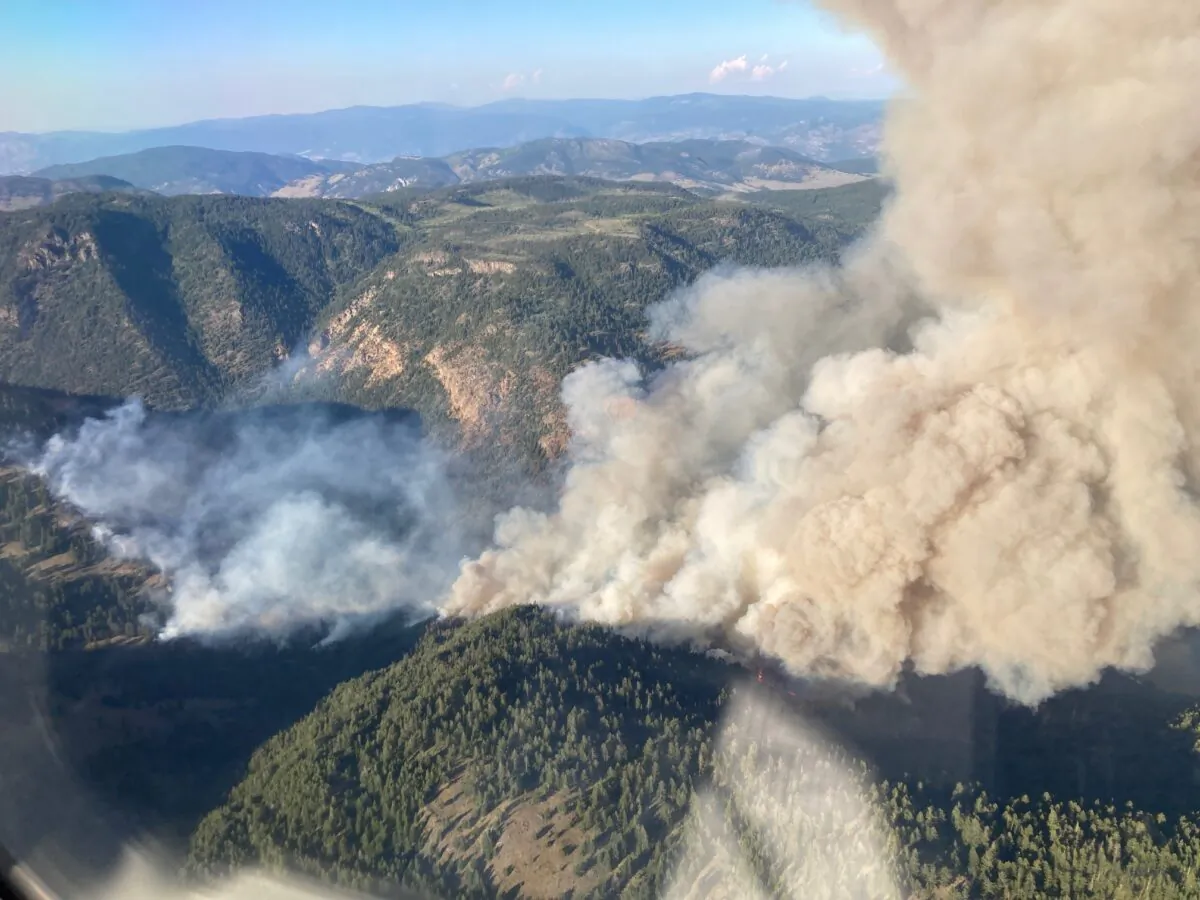 An aerial view of the Keremeos Creek wildfire near the Okanagan area in British Columbia on July 29, 2022. (Photo by BC Wildfire Service). 