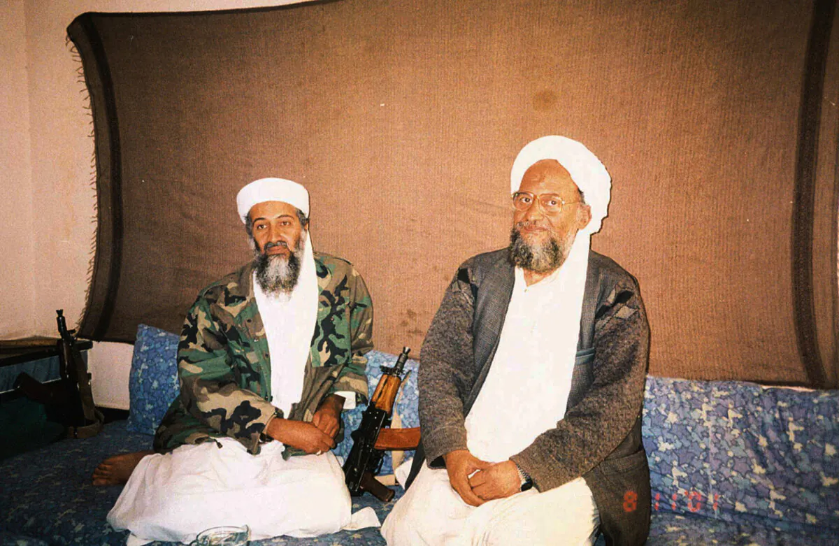 Osama bin Laden (L) sits with his adviser Ayman al-Zawahiri (R), an Egyptian linked to the al Qaeda terrorist group, during an interview with Pakistani journalist Hamid Mir (not pictured) in an image supplied by Dawn newspaper on Nov. 10, 2001. (Hamid Mir/Editor/Ausaf Newspaper for Daily Dawn/Handout via Reuters)