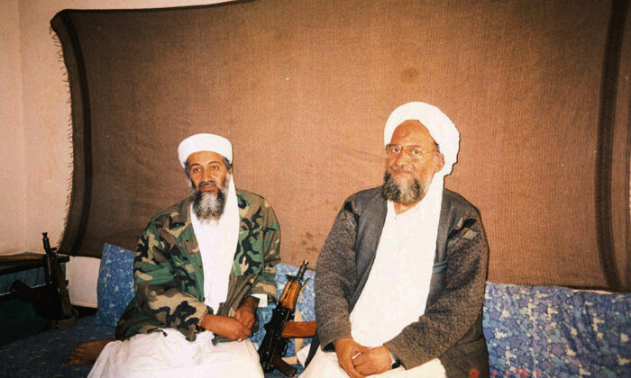 Osama bin Laden (L) sits with his adviser Ayman al-Zawahiri (R), an Egyptian linked to the al-Qaeda terrorist group, during an interview with Pakistani journalist Hamid Mir (not pictured) in an image supplied by Dawn newspaper on Nov. 10, 2001. (Hamid Mir/Editor/Ausaf Newspaper for Daily Dawn/Handout via Reuters)
