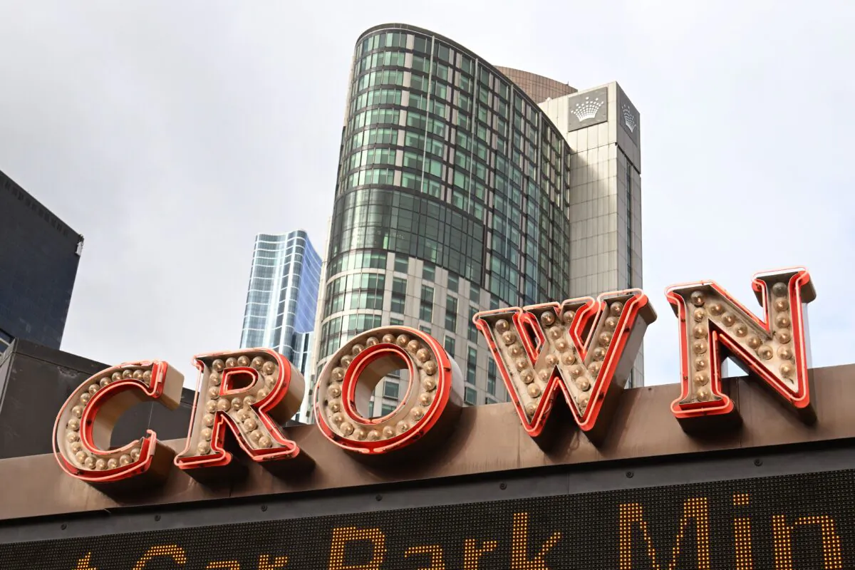 A sign advertises Crown Casino in Melbourne, Australia, on June 9, 2022. (William West/AFP via Getty Images)