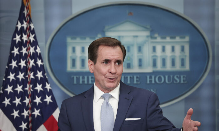 National Security Council coordinator for strategic communications John Kirby speaks during the daily briefing at the White House in Washington on Aug. 2, 2022. (Win McNamee/Getty Images)