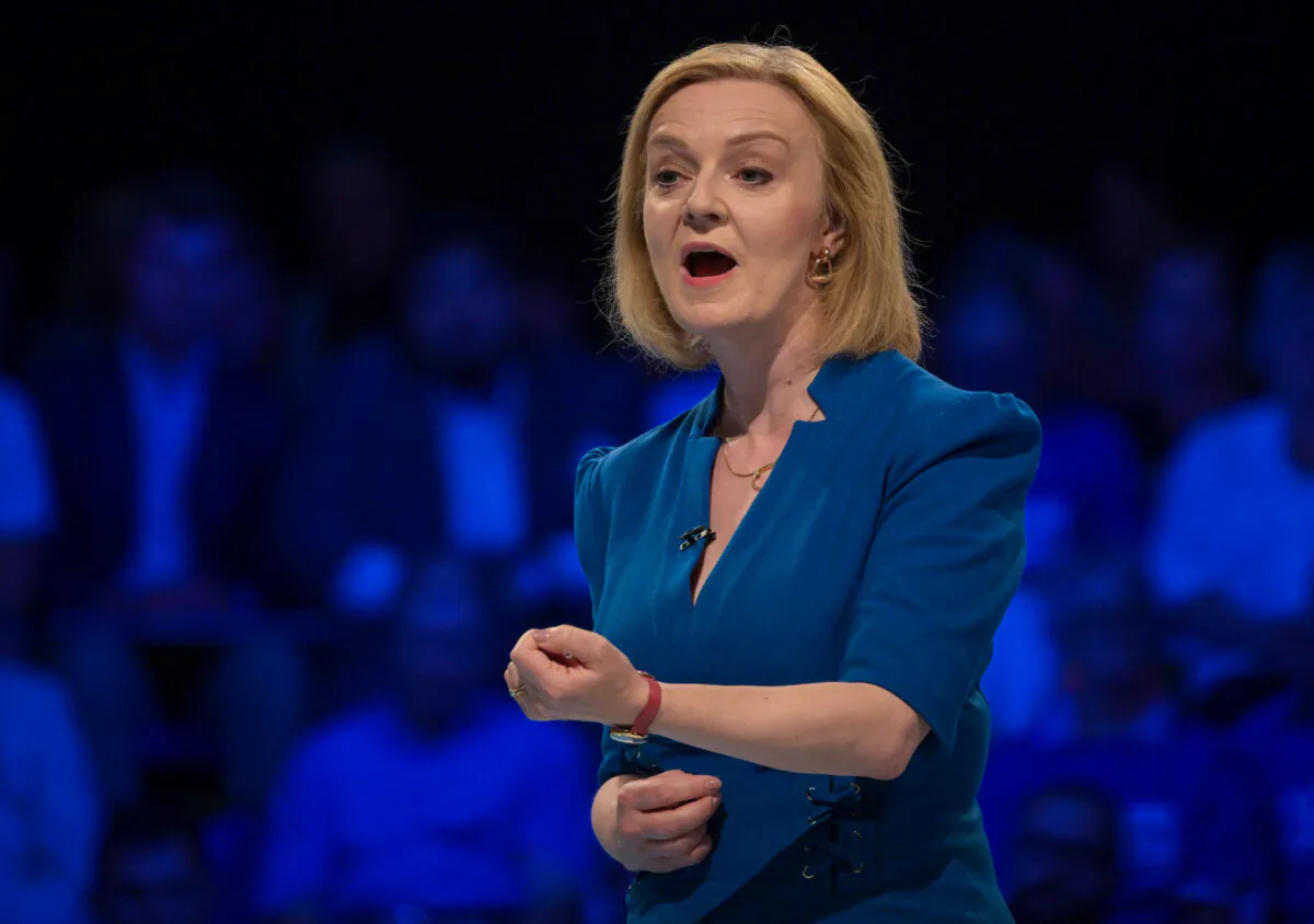 Foreign Secretary Liz Truss speaks during the second Conservative Party membership hustings in Exeter, England, on Aug. 1, 2022. (Finnbarr Webster/Getty Images)