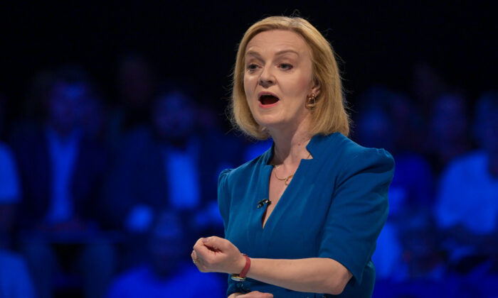 Foreign Secretary Liz Truss speaks during the second Conservative Party membership hustings in Exeter, England, on Aug. 1, 2022. (Finnbarr Webster/Getty Images)