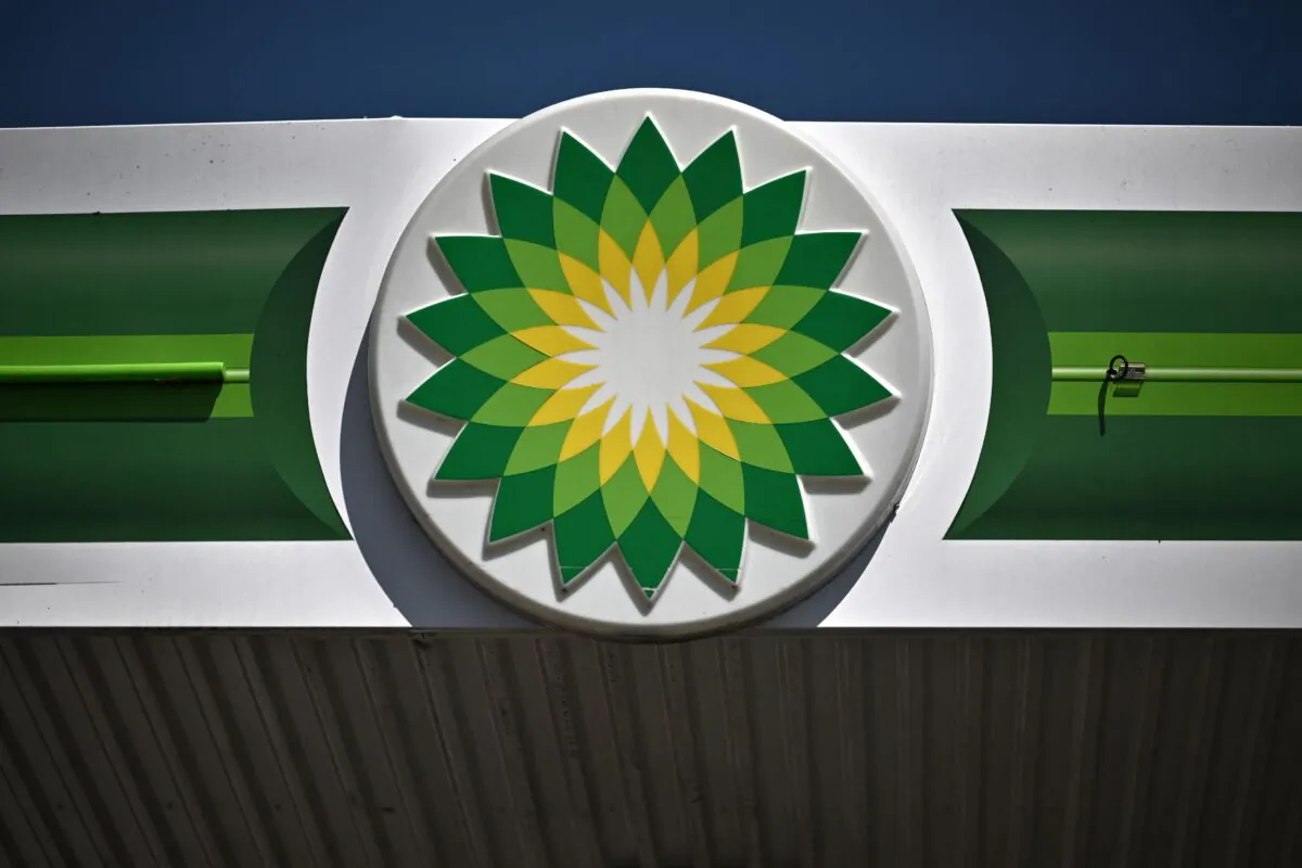 The logo of the multi-national oil and gas company BP (British Petroleum) at a petrol station in Tonbridge, southeast of London, on April 30, 2022. (Ben Stansall/AFP via Getty Images)