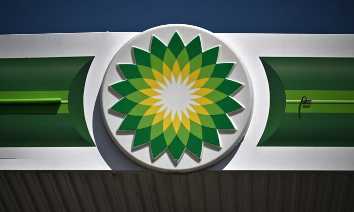 The logo of the multi-national oil and gas company BP (British Petroleum) at a petrol station in Tonbridge, south east of London on April 30, 2022. (Ben Stansall/AFP via Getty Images)