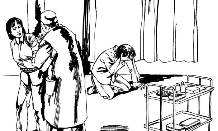 Illustration of a victim being forcibly injected with nerve-damaging drugs. Psychiatric abuse is one of the common methods of torture in China to persecute Falun Gong adherents, other religious minorities, and human rights activists. (Minghui.org)