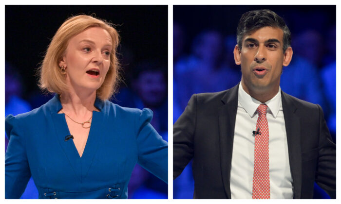 Conservative leadership candidates Liz Truss (L) and Rishi Sunak speak during during the second Conservative party membership hustings in Exeter, England, on Aug. 1, 2022. (Finnbarr Webster/Getty Images)