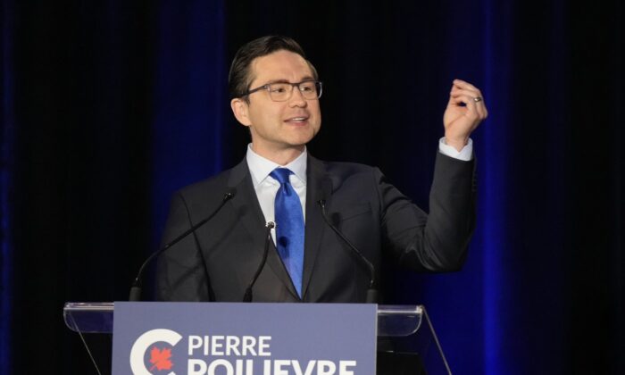 Conservative leadership hopeful Pierre Poilievre takes part in the Conservative Party of Canada French-language leadership debate in Laval, Quebec, on May 25, 2022. (Ryan Remiorz/The Canadian Press)