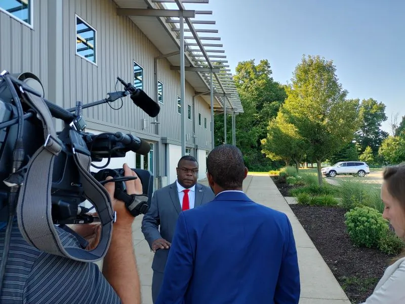 John Gibbs speaks to reporters before casting his vote for Michigan's 3rd Congressional District Republican primary in Byron Center, Michigan on Aug. 2. (Jeff Louderback/The Epoch Times)