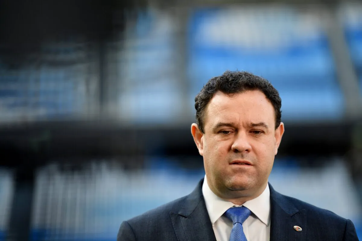 NSW Trade, Tourism, and Sport Minister Stuart Ayres speaks to media during a press conference at Allianz Stadium in Sydney, Australia, on Aug. 2, 2022. (AAP Image/Bianca De Marchi)