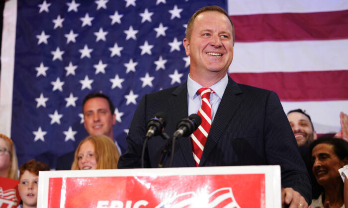 State Attorney General Eric Schmitt speaks at an election-night gathering after winning the Republican primary for U.S. Senate at the Sheraton in Westport Plaza in St Louis, Mo., on Aug. 2, 2022. (Kyle Rivas/Getty Images)