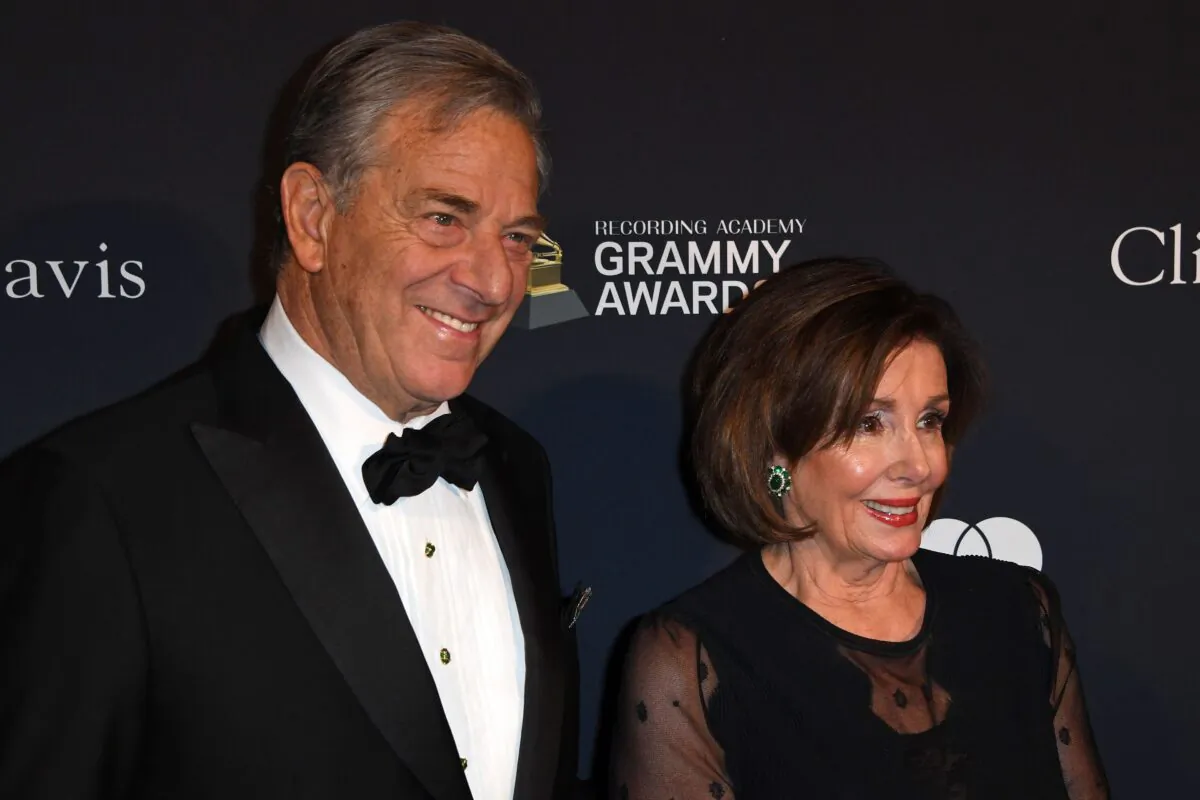 House Speaker Nancy Pelosi (D-Calif.) and Paul Pelosi (L) arrive for the Recording Academy and Clive Davis pre-Grammy gala at the Beverly Hilton hotel in Beverly Hills, Calif., on Jan. 25, 2020. (Mark Ralston/AFP via Getty Images)