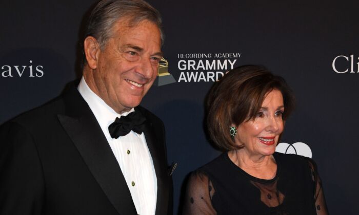 Speaker of the U.S. House of Representatives Nancy Pelosi (D-Calif.)(R) and Paul Pelosi arrive for the Recording Academy and Clive Davis pre-Grammy gala at the Beverly Hilton hotel in Beverly Hills, Calif., on Jan. 25, 2020. (Mark Ralston/AFP via Getty Images)