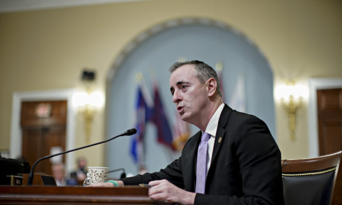 Rep. Brian Fitzpatrick (R-Pa.) speaks during a House Intelligence Committee hearing in Washington, on April 15, 2021. (Al Drago-Pool/Getty Images)