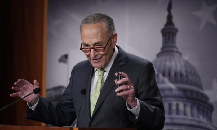 Senate Majority Leader Chuck Schumer (D-N.Y.) speaks to reporters during a press conference at the U.S. Capitol in Washington on July 28, 2022. (Drew Angerer/Getty Images)