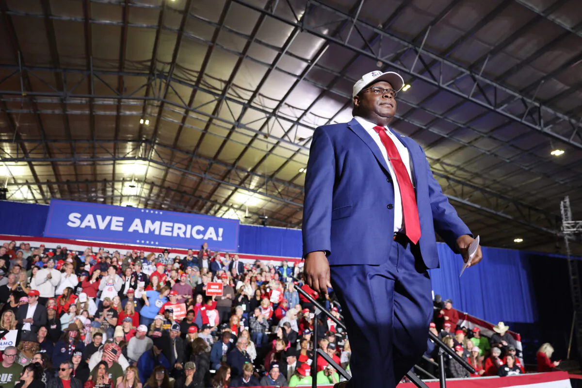 John Gibbs a candidate for congress in Michigan's 3rd Congressional district speaks at a rally hosted by former President Donald Trump near Washington, Mich., on April 2, 2022. (Scott Olson/Getty Images)