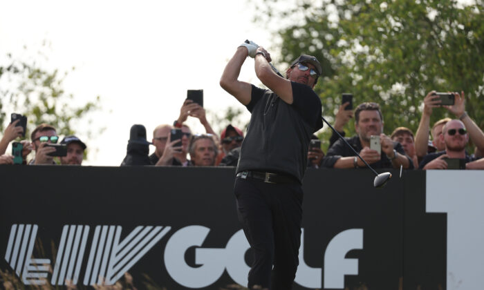 ST ALBANS, ENGLAND - JUNE 11: Phil Mickelson of the United States tees off on the 16th hole during day three of the LIV Golf Invitational at The Centurion Club on June 11, 2022 in St Albans, England. (Photo by Matthew Lewis/Getty Images)
