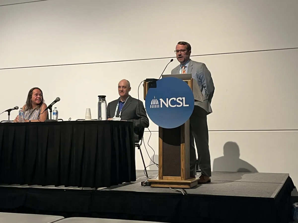 Alex Schroeder, interim executive lead of the Joint Office of Energy and Transportation, speaks at the 2022 National Conference of State Legislators Summit in Denver, Colo., on Aug 3, 2022. (Katie Spence/The Epoch Times)