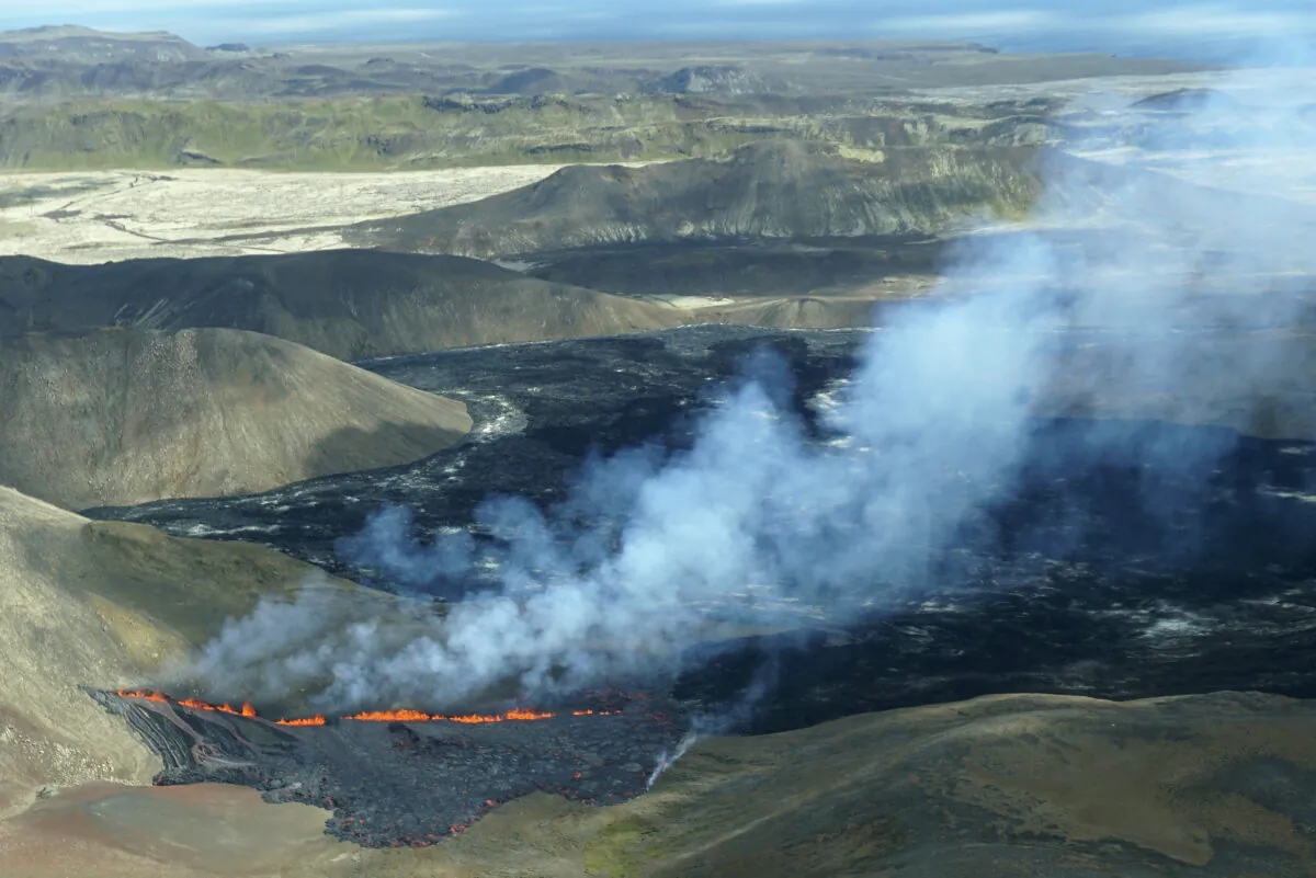 The Fagradalsfjall volcano in Iceland on Aug. 3, 2022, which is located 32 kilometers (20 miles) southwest of the capital of Reykjavik and close to the international Keflavik Airport. (Ernir Snær/AP Photo)