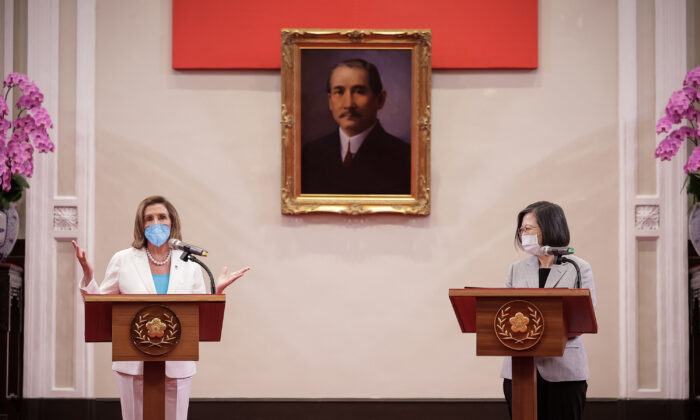 U.S. House Speaker Nancy Pelosi (D-Calif.) speaks after receiving the Order of Propitious Clouds with Special Grand Cordon, Taiwan’s highest civilian honor, from Taiwan's President Tsai Ing-wen (R) at the president's office in Taipei, Taiwan, on Aug. 3, 2022. (Handout/Getty Images)