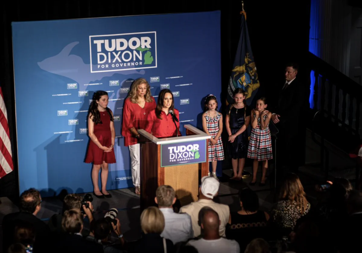 Tudor Dixon greets supporters on Election Night after being declared the winner of the Aug. 2 Republican primary to earn the party’s nod to challenge incumbent Democrat Gov. Gretchen Whitmer in November. (Courtesy of Tudor Dixon for Governor)