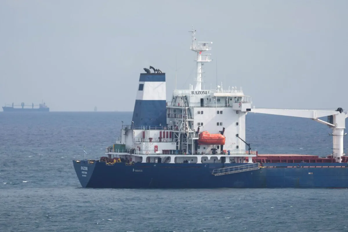 The cargo ship Razoni is anchored at the entrance of the Bosphorus Strait in Istanbul on Aug. 3, 2022. (Khalil Hamra/AP Photo)