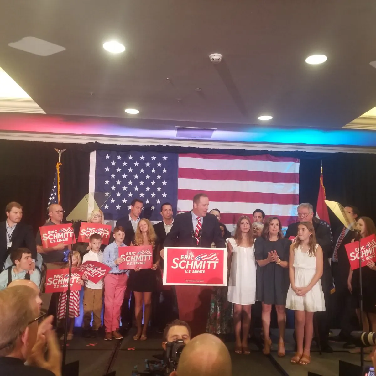 Eric Schmitt addresses the crowd at his victory party in St. Louis, Mo. on Aug. 2, 2022. (Nathan Worcester/The Epoch Times) 