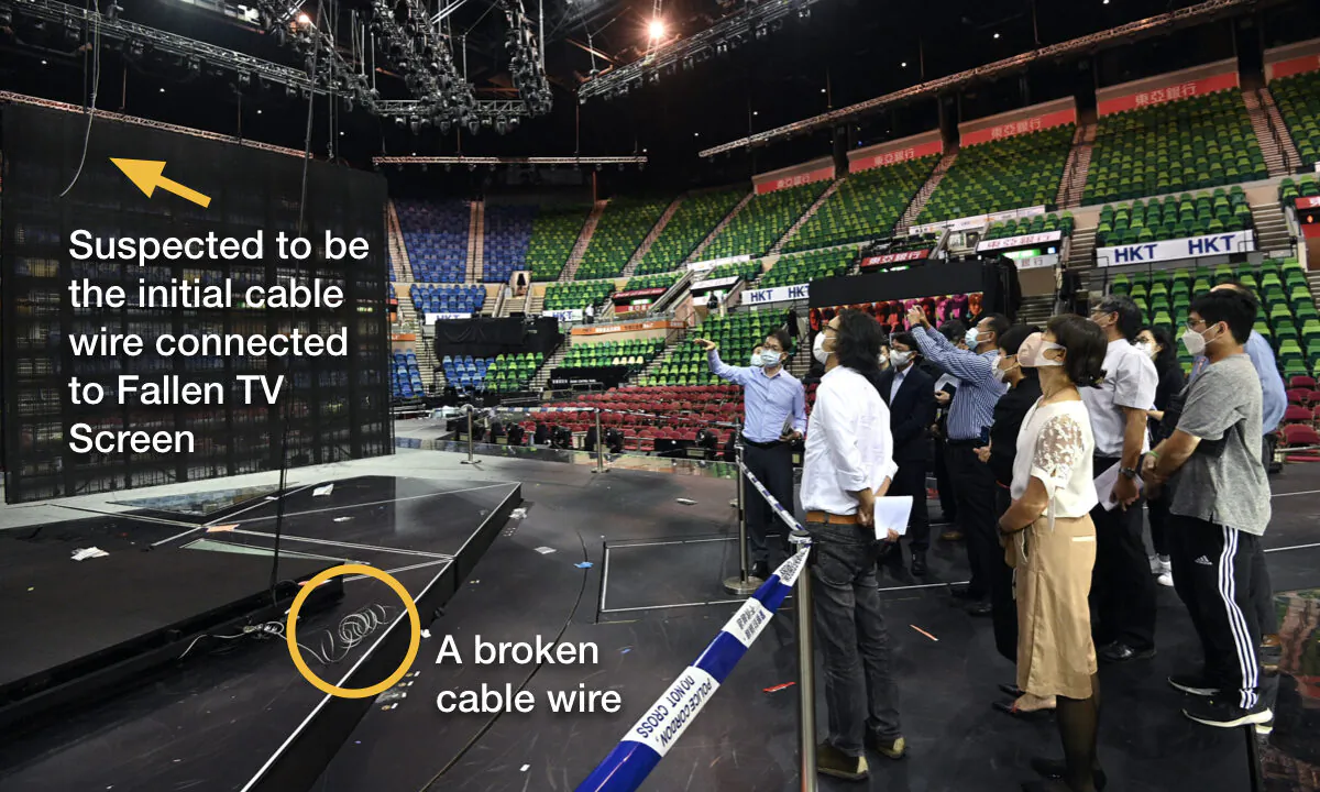 The Information Services Department released, on Aug. 1, 2022, a photo inside the Coliseum, which suggests the loosening of the lifting eyebolt of the steel cable as a cause of the accident.  (Information Services Department, HKGov)