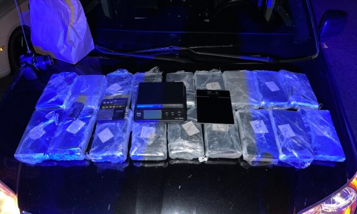 San Bernardino County Sheriff’s Department arrested man after discovering 42 pounds of cocaine in car in San Bernadino county, California, on July 29, 2022.
(San Bernardino County Sheriff’s Department/Supplied)
