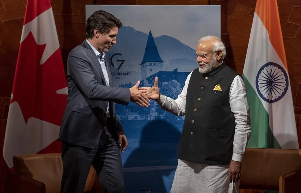 Prime Minister Justin Trudeau and Indian Prime Minister Narendra Modi shake hands prior to a bilateral meeting at the G7 summit in Schloss Elmau, Germany, on June 27, 2022. (Paul Chiasson/The Canadian Press)