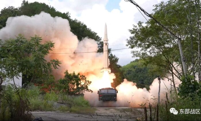 The Rocket Force under the Eastern Theatre Command of China's People's Liberation Army (PLA) fires live missiles into the waters near Taiwan, from an undisclosed location in China on Aug. 4, 2022. (Eastern Theatre Command/Handout via Reuters)