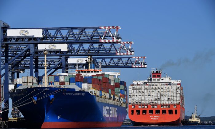 A cargo ship docks at Port Botany in Sydney, Australia, on May 3, 2022. (Saeed Khan/AFP via Getty Images)