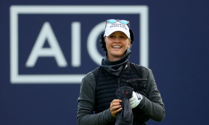 Jessica Korda of The United States on the first tee during the second round of the AIG Women's Open at Carnoustie Golf Links Muirfield  in Gullane, Scotland, August 4, 2022. (Andrew Redington/Getty Images)