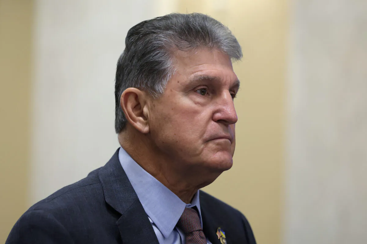 Sen. Joe Manchin (D-W.Va.) testifies during a hearing on the Electoral Count Act before Senate Rules and Administration Committee at Russell Senate Office Building on Capitol Hill in Washington on Aug. 3, 2022. (Alex Wong/Getty Images)