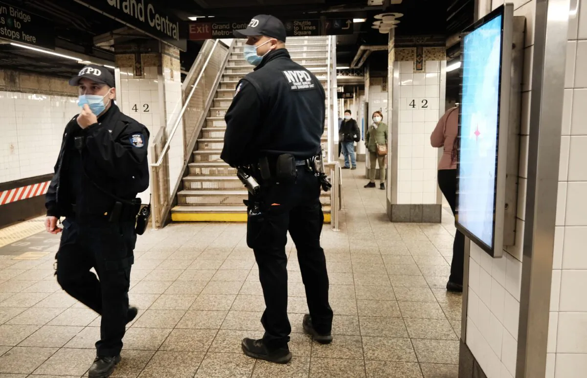 Police officers in a Times Square subway station on April 25, 2022. (Spencer Platt/Getty Images)
