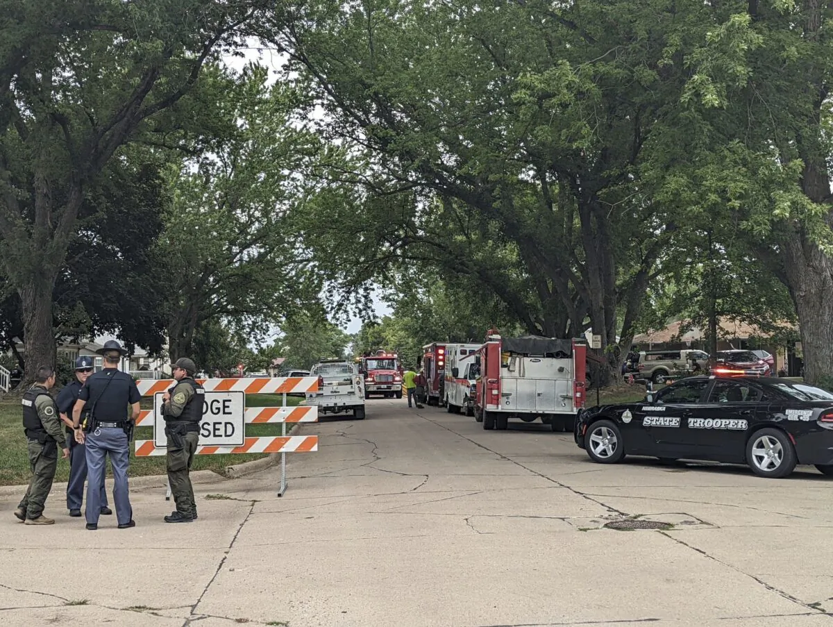 Barricades block off a portion of Elm Street in Laurel, Neb., on Aug. 4, 2022. (Riley Tolan-Keig/The Norfolk Daily News via AP)