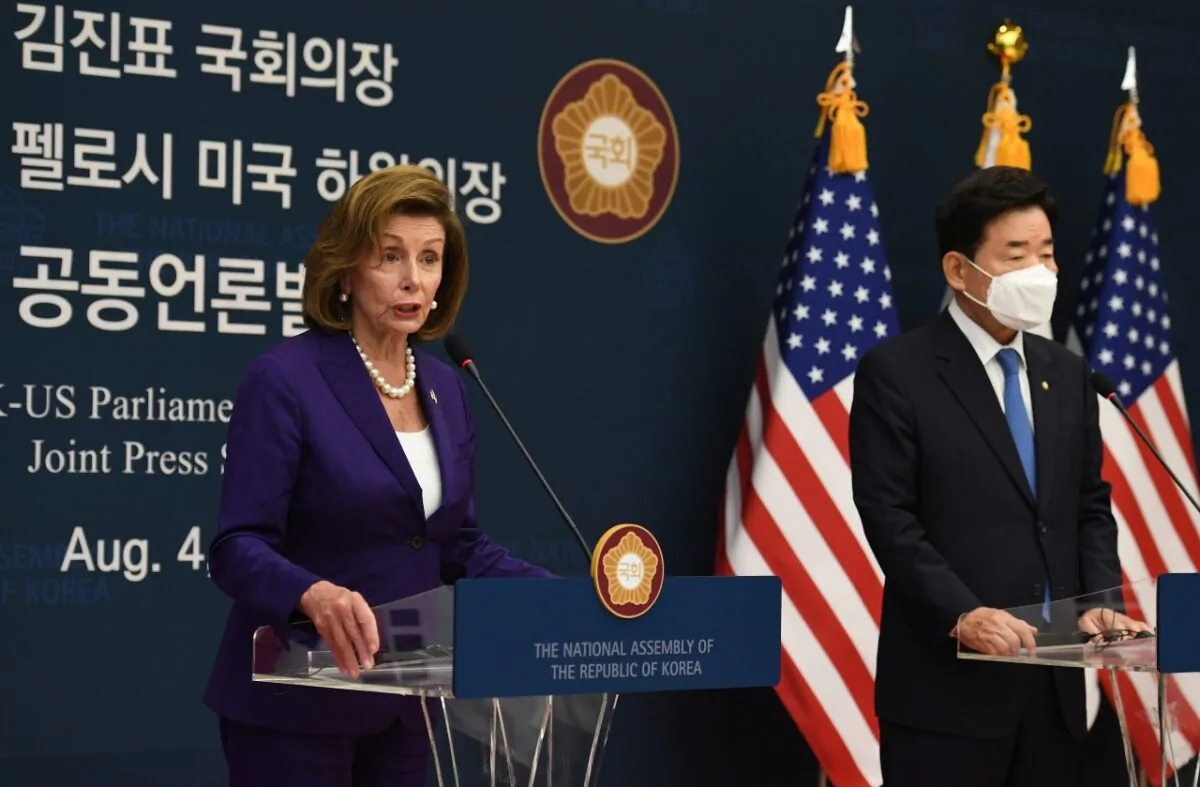 U.S. Speaker of the House Nancy Pelosi (D-Calif.) (L) and South Korean National Assembly speaker Kim Jin-pyo (R) attend the Joint Press Announcement after their meeting at the National Assembly on Aug. 4, 2022 in Seoul, South Korea. (Kim Min-Hee - Pool/Getty Images)