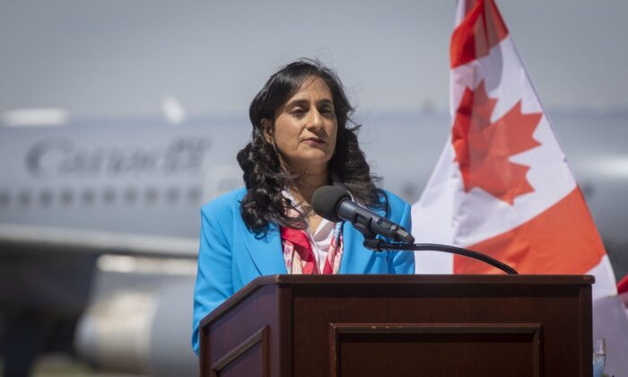 Minister of Defence Anita Anand speaks during an announcement at Canadian Forces Base Trenton in Trenton, Ont., on June 20, 2022. (The Canadian Press/Lars Hagberg)