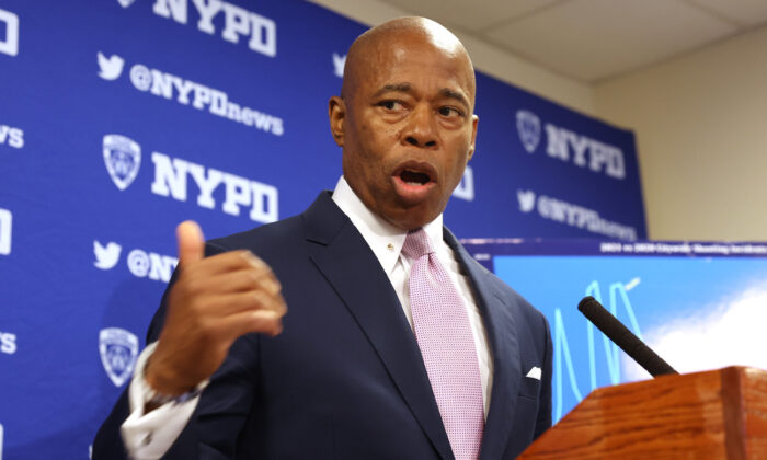 New York Mayor Eric Adams speaks at a Brooklyn police facility in New York, on June 6, 2022. (Spencer Platt/Getty Images)