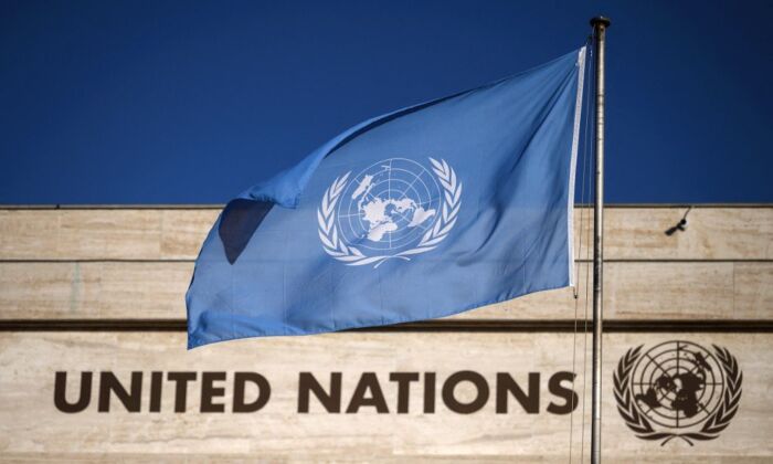 Image of national flags in front of United Nations headquarters in Geneva, Switzerland. (Fabrice Coffrini / AFP)