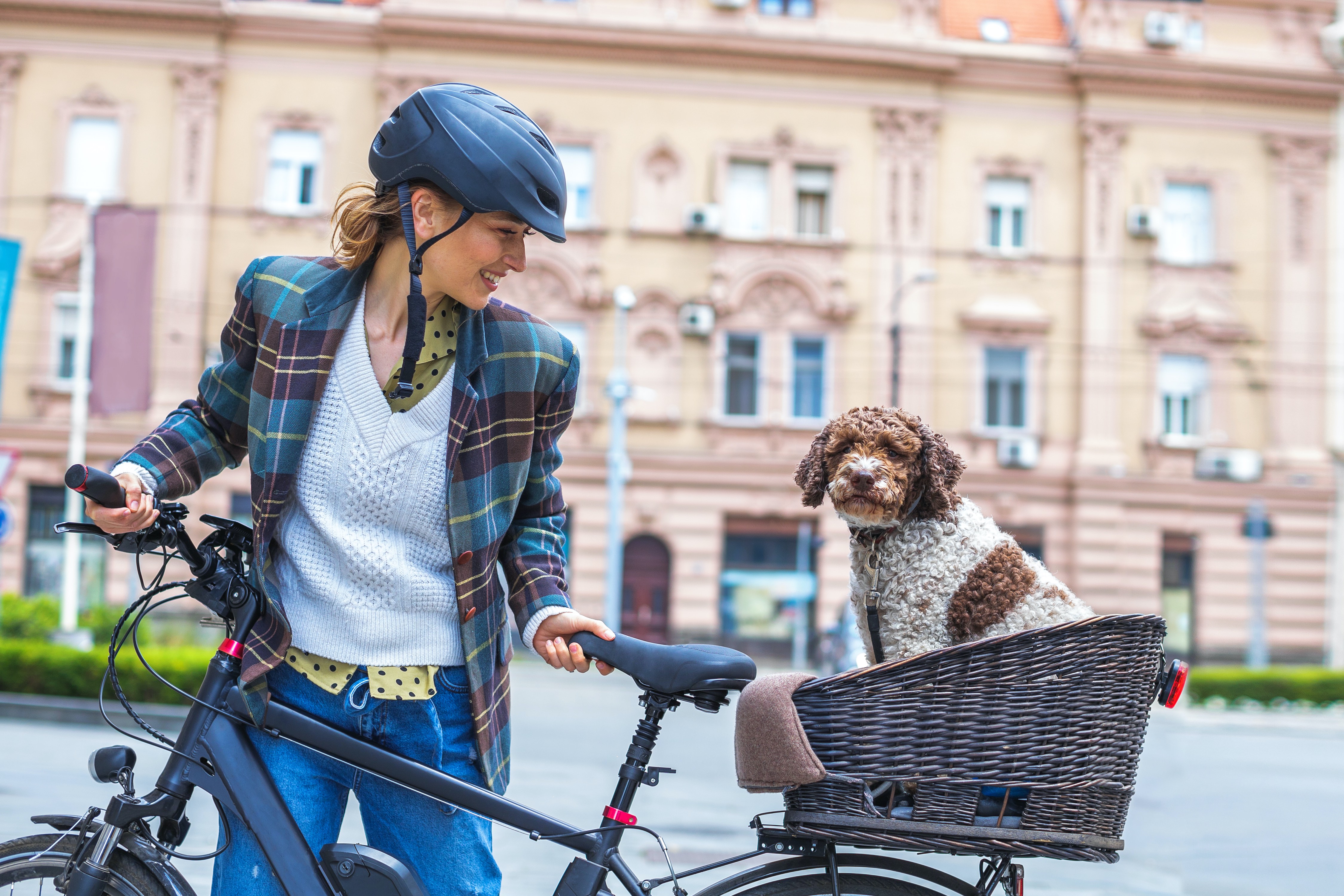 A woman with her dog in a bicycle basket