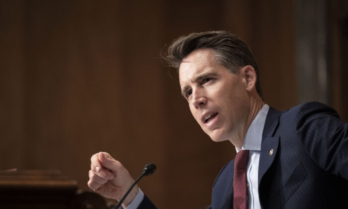 Sen. Josh Hawley (R-Mo.) speaks during a Senate Homeland Security Subcommittee on Emerging Threats and Spending Oversight on Capitol Hill in Washington on Aug. 3, 2022. (Drew Angerer/Getty Images)