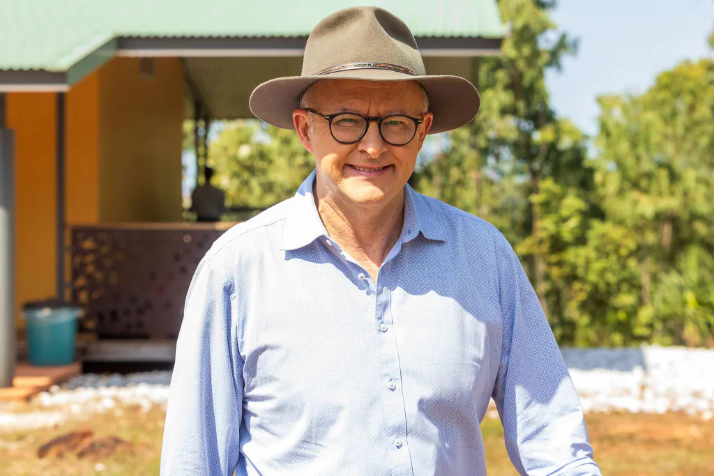 Australian Prime Minister Anthony Albanese poses for photos during the Garma Festival at Gulkula in East Arnhem, Australia, on July 30, 2022. (Tamati Smith/Getty Images)