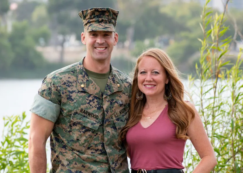 Major Nick Harwood and his wife Meghan Harwood. Major Harwood was recently disciplined over his refusal to comply with the Pentagon's vaccine mandate on religious grounds. (Heather Rae Photography)