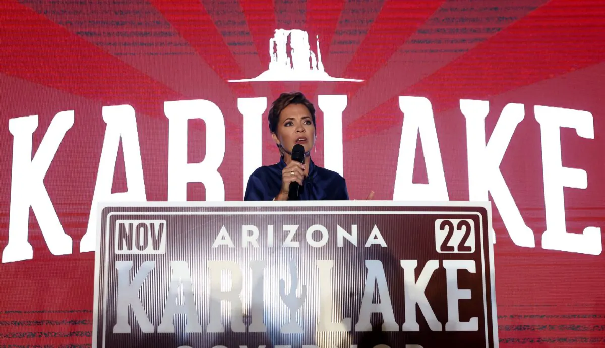 Republican gubernatorial candidate Kari Lake speaks at an election-night gathering at the Double Tree Hotel in Scottsdale, Ariz., on Aug. 2, 2022. (Justin Sullivan/Getty Images)