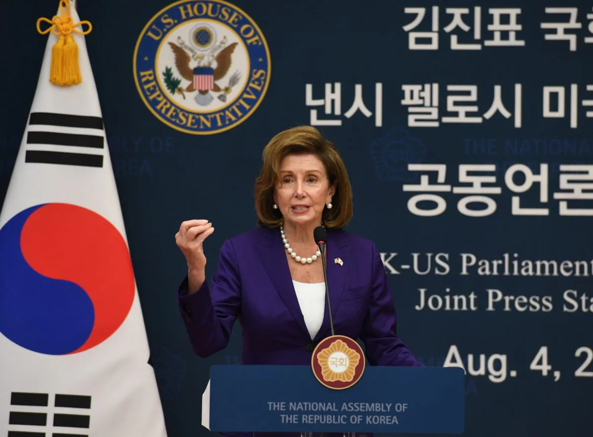 U.S. Speaker of the House Nancy Pelosi (D-Calif.) attends the Joint Press Announcement after meeting with South Korean National Assembly speaker Kim Jin-pyo at the National Assembly in Seoul, South Korea, on Aug. 4, 2022. (Kim Min-Hee-Pool/Getty Images)